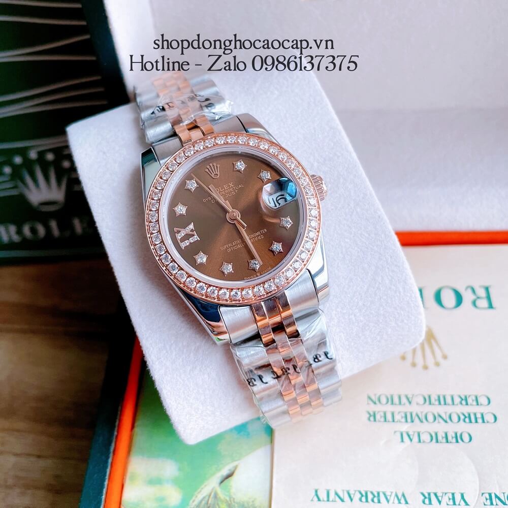 Đồng Hồ Nữ Rolex Automatic (Tự Động) Viền Đá Demi Nâu Rose Gold 32mm