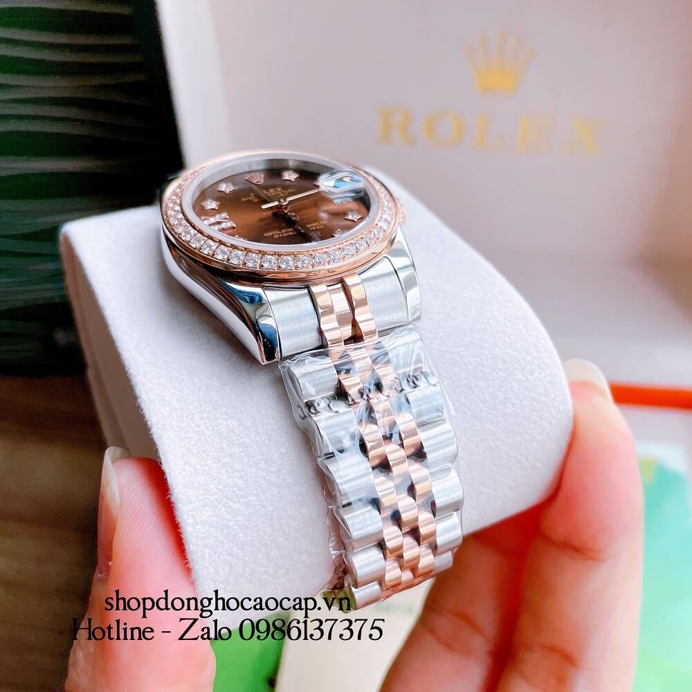 Đồng Hồ Nữ Rolex Automatic (Tự Động) Viền Đá Demi Nâu Rose Gold 32mm