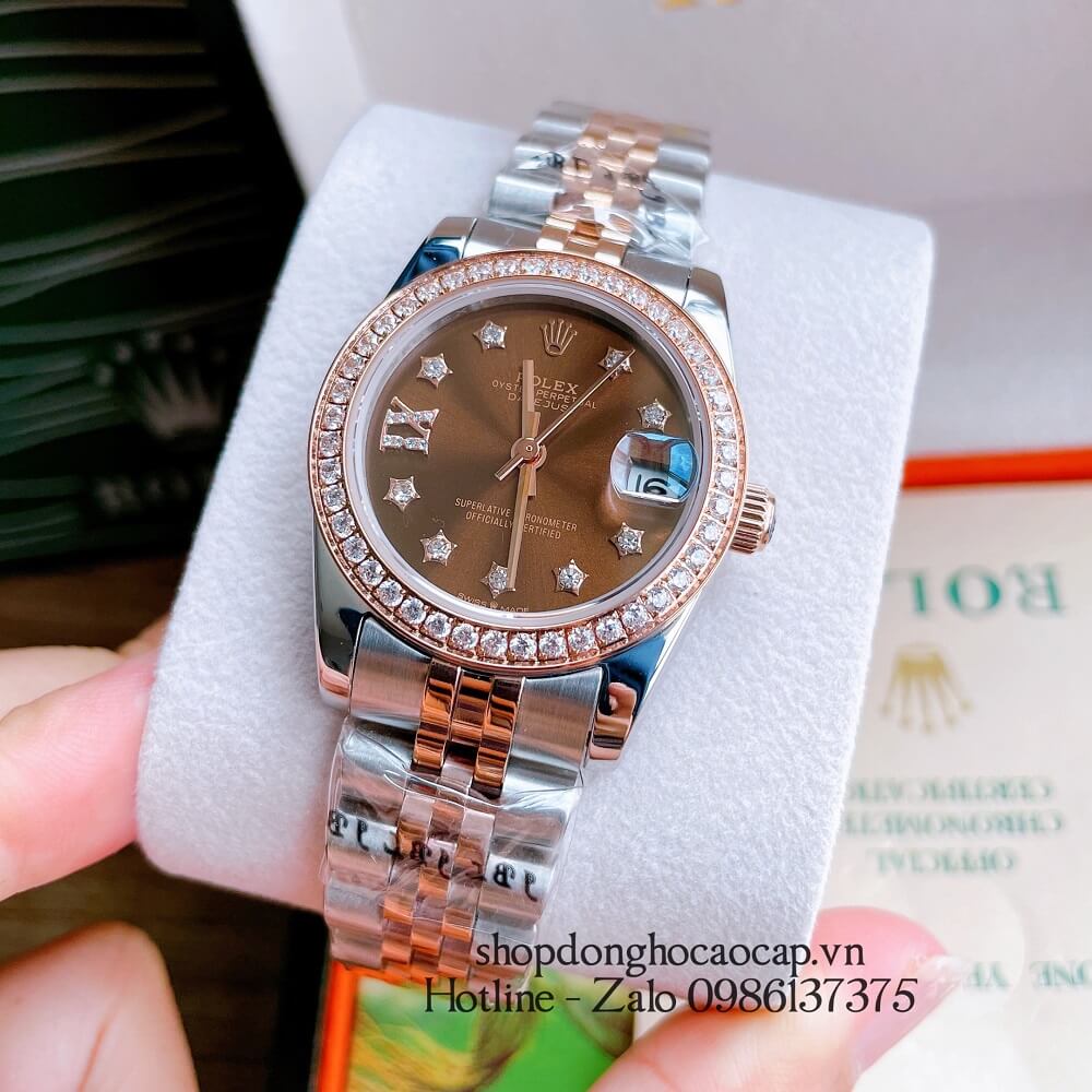 Đồng Hồ Nữ Rolex Automatic (Tự Động) Viền Đá Demi Nâu Rose Gold 32mm