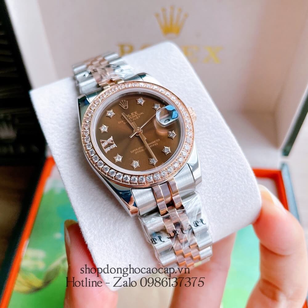 Đồng Hồ Nữ Rolex Automatic (Tự Động) Viền Đá Demi Nâu Rose Gold 32mm