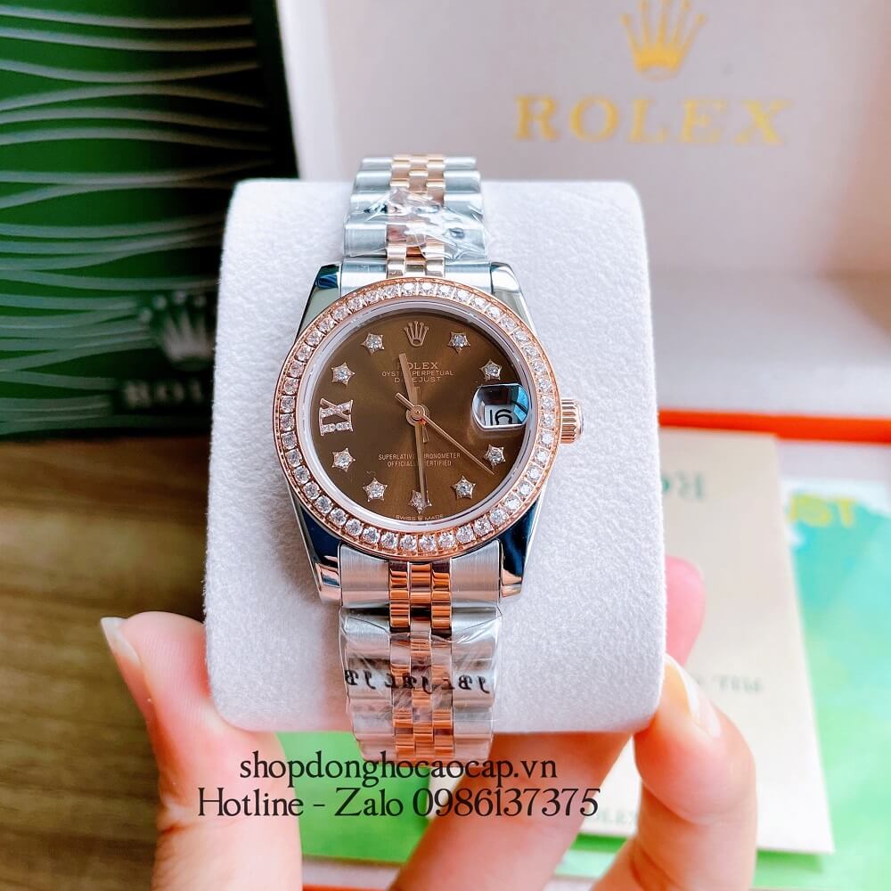 Đồng Hồ Nữ Rolex Automatic (Tự Động) Viền Đá Demi Nâu Rose Gold 32mm