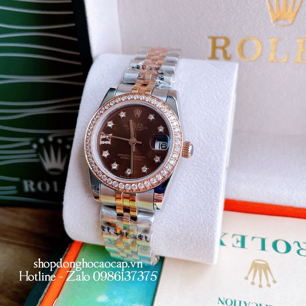 Đồng Hồ Nữ Rolex Automatic (Tự Động) Viền Đá Demi Nâu Rose Gold 32mm