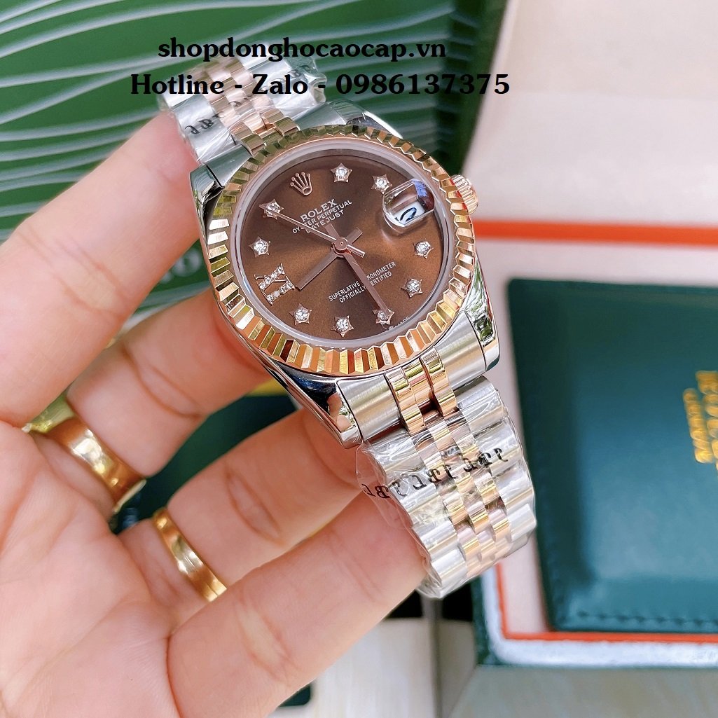 Đồng Hồ Nữ Rolex Automatic Viền Khía Demi Nâu 32mm