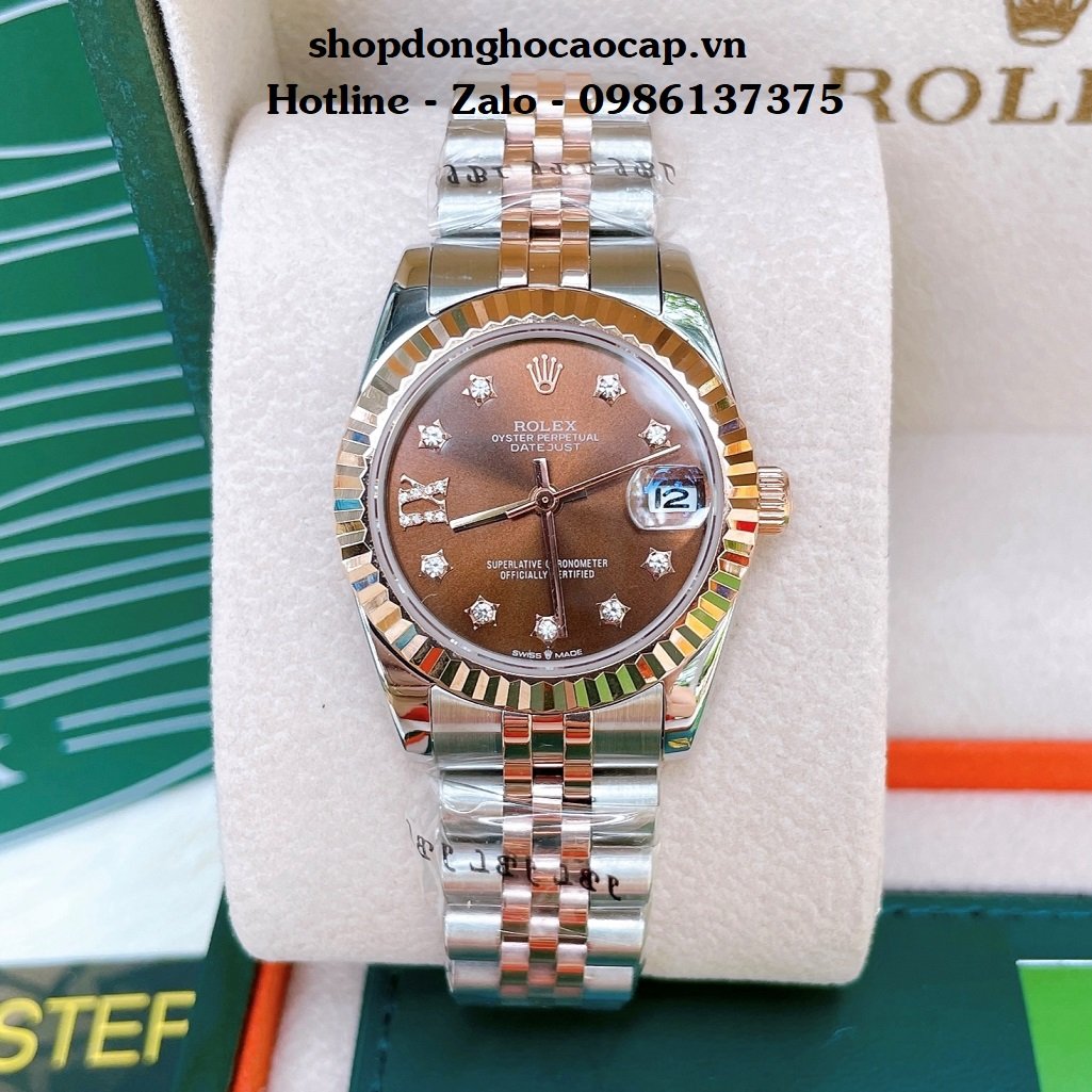 Đồng Hồ Nữ Rolex Automatic Viền Khía Demi Nâu 32mm