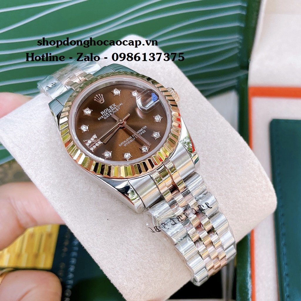 Đồng Hồ Nữ Rolex Automatic Viền Khía Demi Nâu 32mm