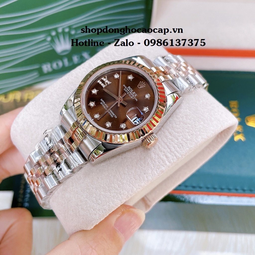 Đồng Hồ Nữ Rolex Automatic Viền Khía Demi Nâu 32mm