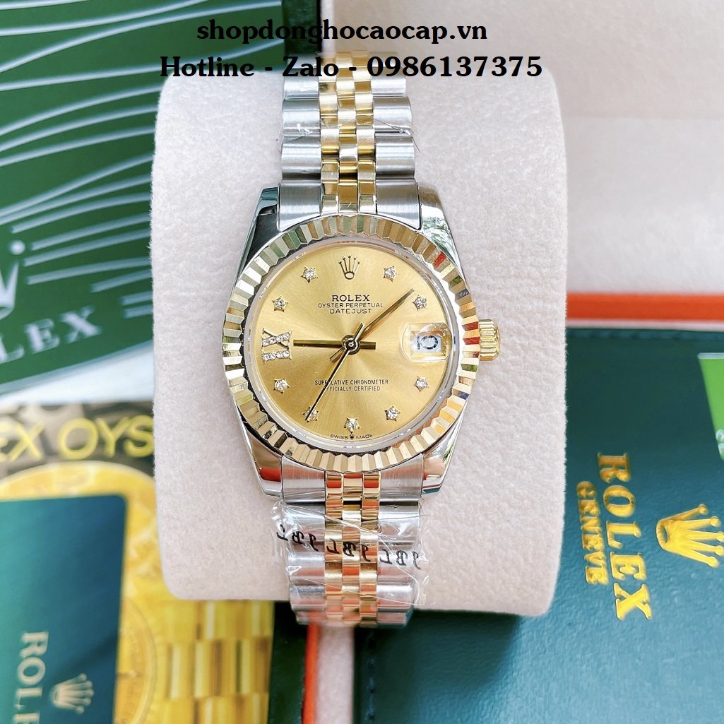 Đồng Hồ Nữ Rolex Automatic Viền Khía Demi Vàng 32mm