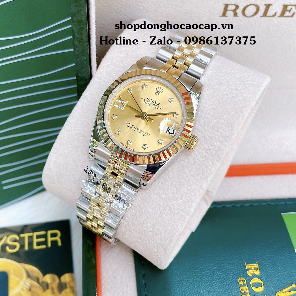 Đồng Hồ Nữ Rolex Automatic Viền Khía Demi Vàng 32mm