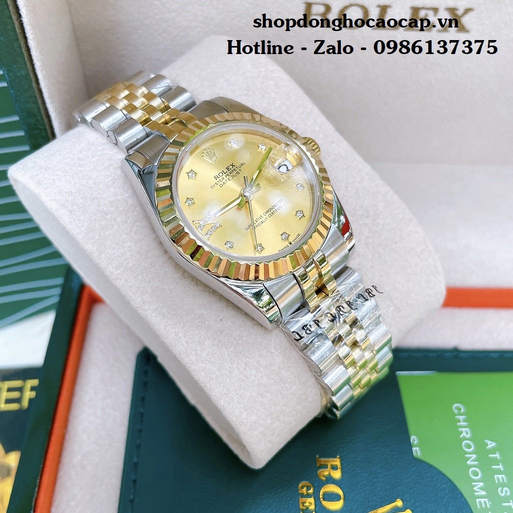 Đồng Hồ Nữ Rolex Automatic Viền Khía Demi Vàng 32mm