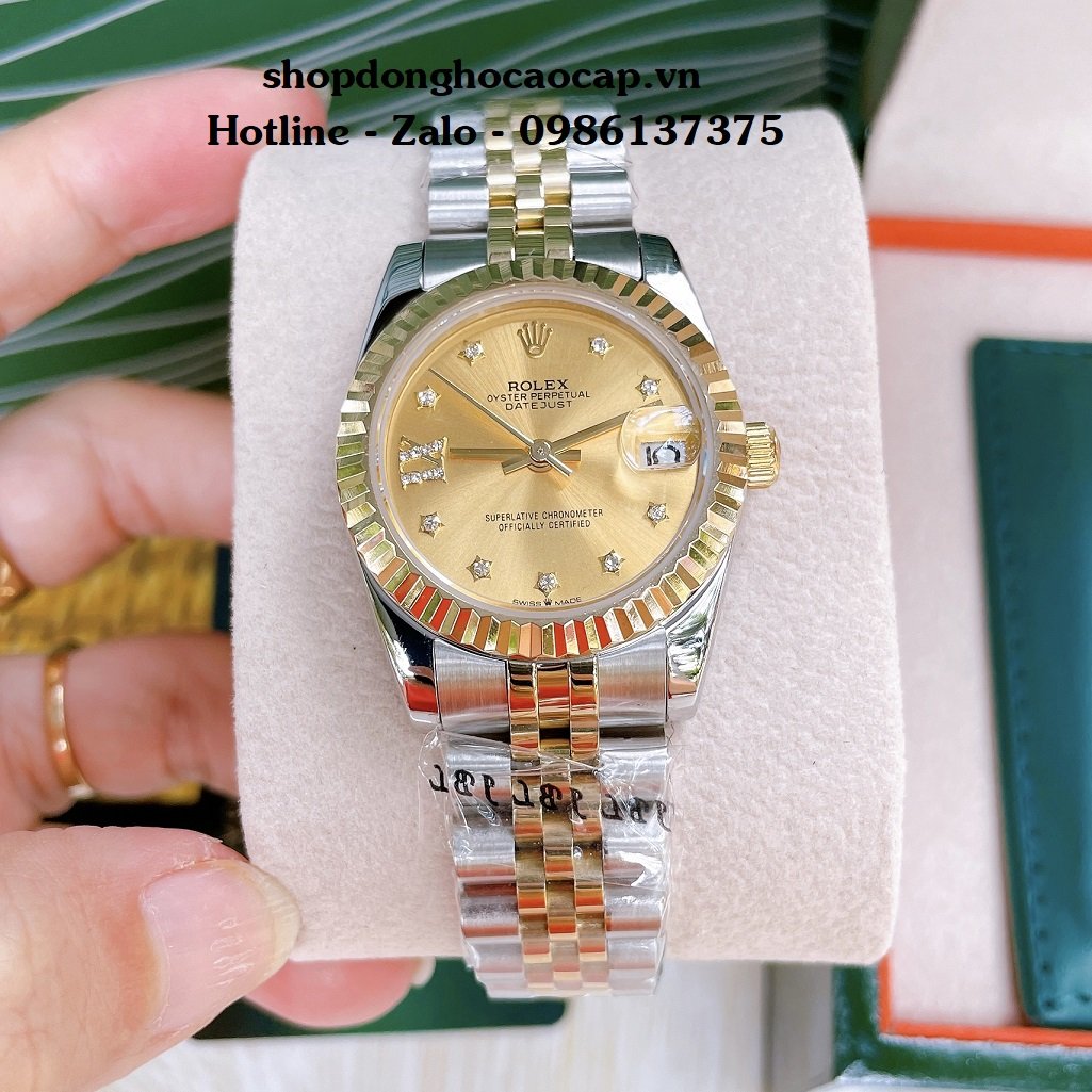 Đồng Hồ Nữ Rolex Automatic Viền Khía Demi Vàng 32mm