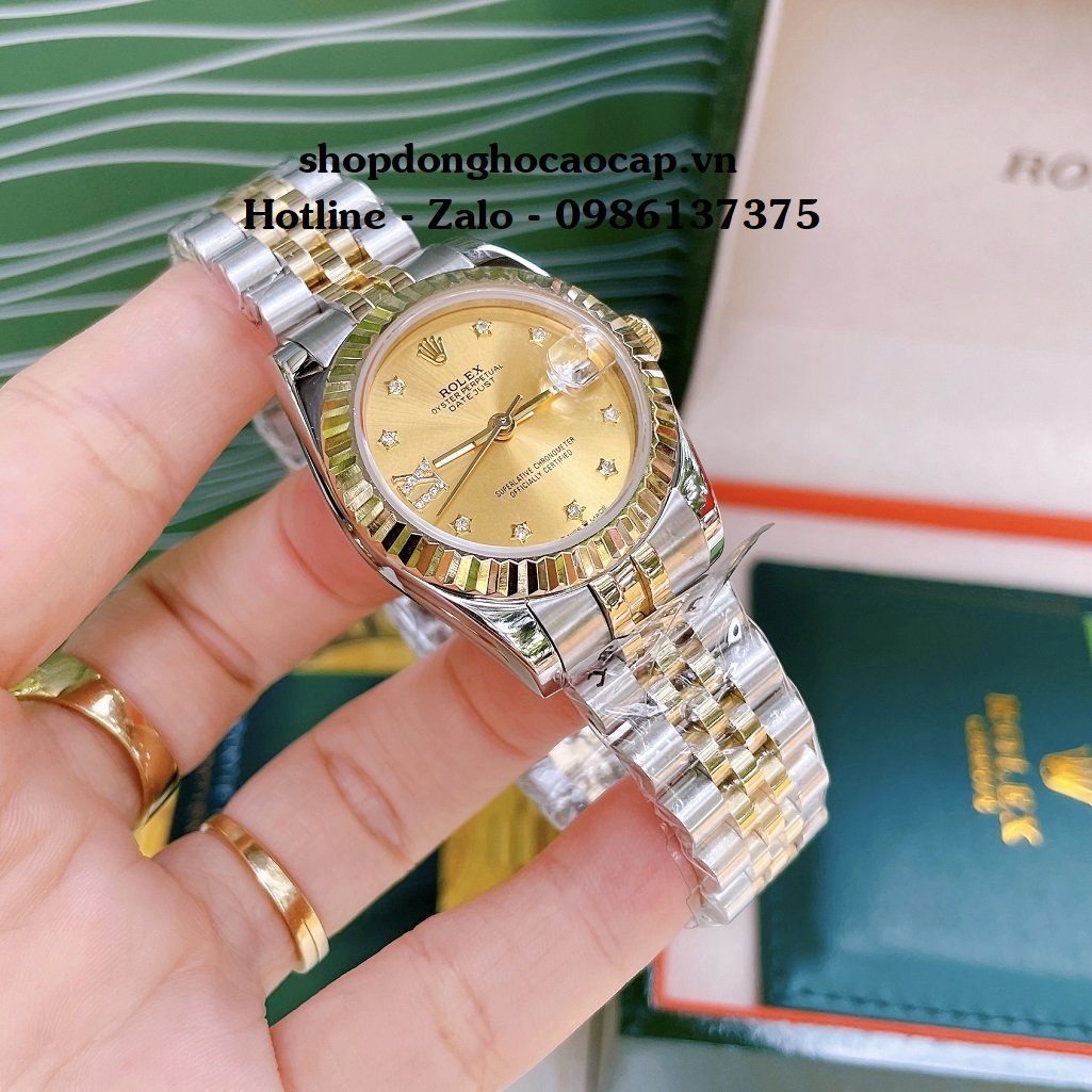 Đồng Hồ Nữ Rolex Automatic Viền Khía Demi Vàng 32mm
