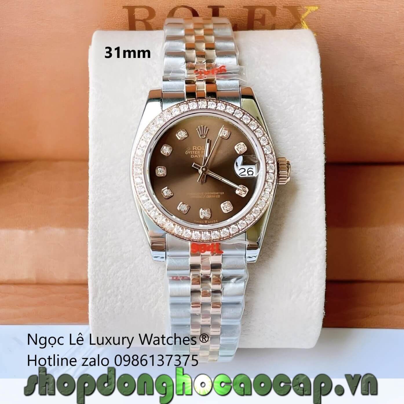 Đồng Hồ Nữ Rolex Datejust Cơ Tự Động Dây Demi Rose Gold Mặt Nâu Size 31mm - Niềng Đá
