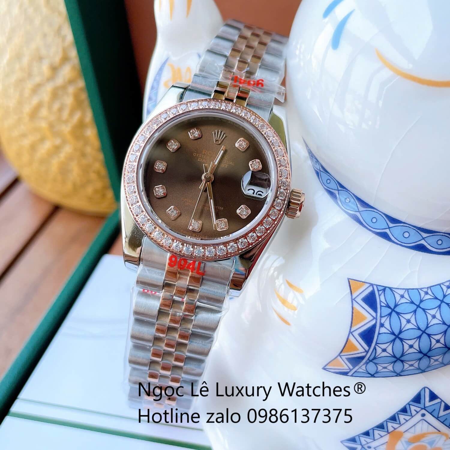 Đồng Hồ Nữ Rolex Datejust Cơ Tự Động Dây Demi Rose Gold Mặt Nâu Size 31mm - Niềng Đá