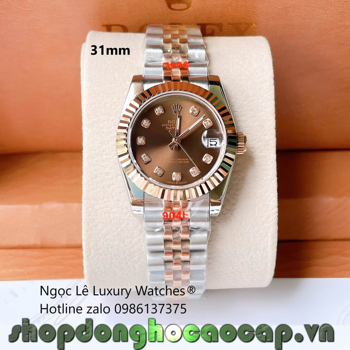 Đồng Hồ Cặp Rolex Datejust Cơ Tự Động Dây Demi Rose Mặt Nâu Size 31mm - 41mm - Niềng Khía