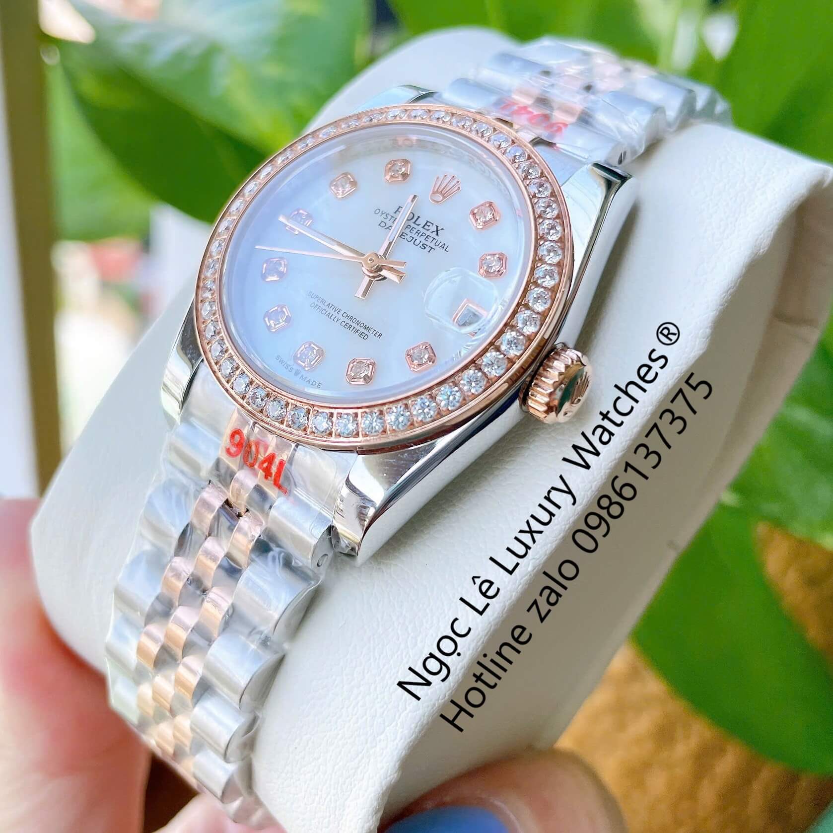 Đồng Hồ Nữ Rolex Datejust Cơ Tự Động Dây Demi Rose Gold Mặt Xà Cừ Trắng Size 31mm - Niềng Đá