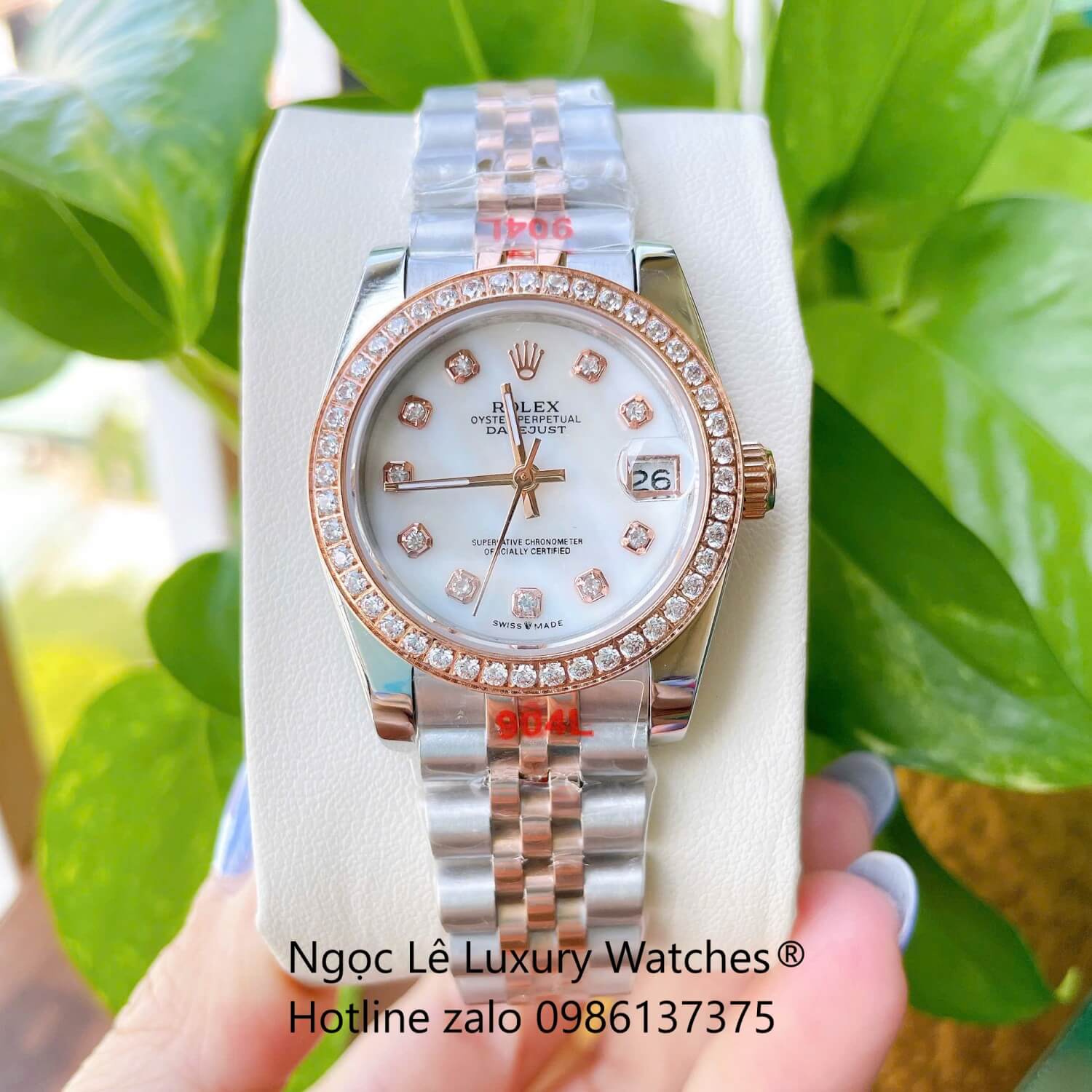 Đồng Hồ Cặp Rolex Datejust Cơ Tự Động Dây Demi Rose Mặt Xà Cừ Trắng Size 31mm - 41mm - Niềng Đá