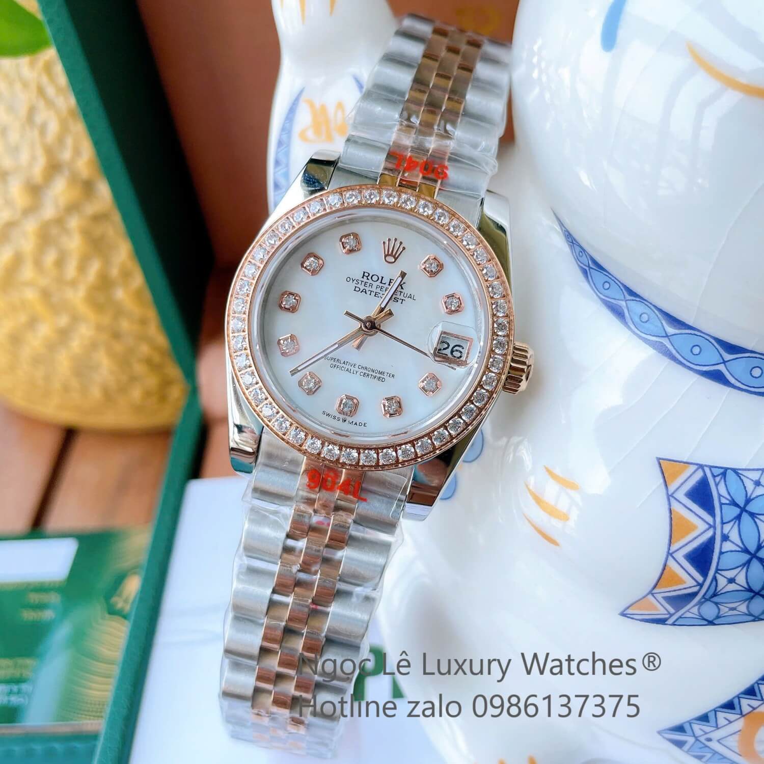 Đồng Hồ Nữ Rolex Datejust Cơ Tự Động Dây Demi Rose Gold Mặt Xà Cừ Trắng Size 31mm - Niềng Đá