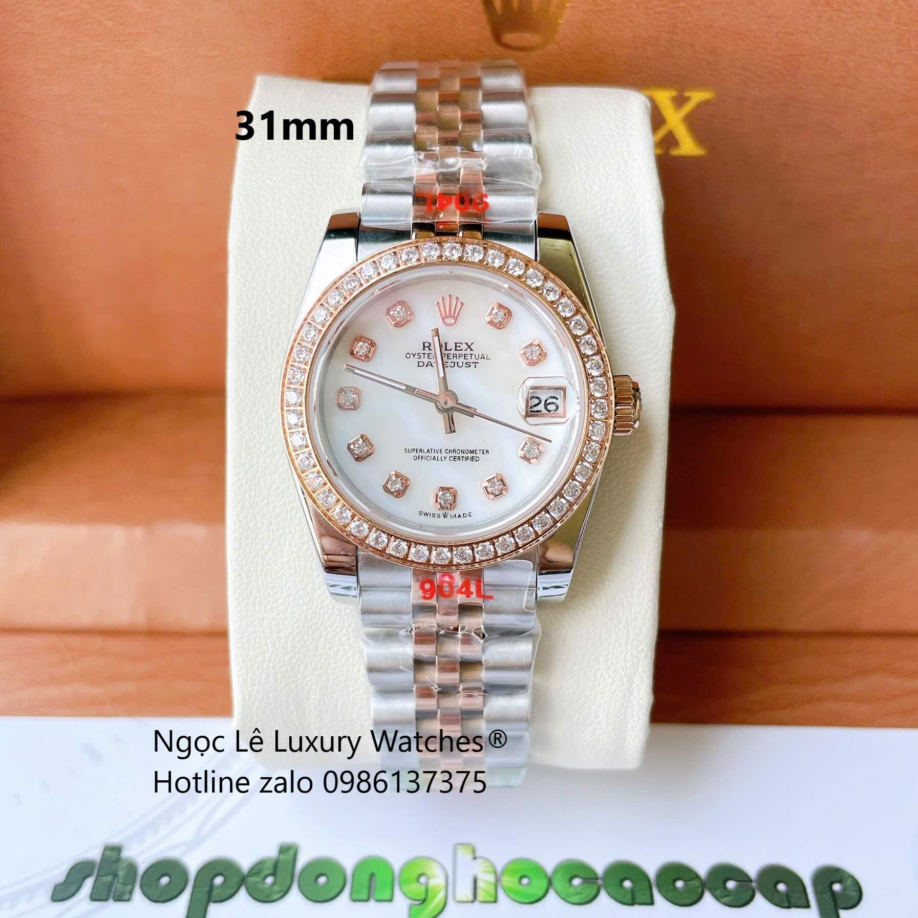 Đồng Hồ Nữ Rolex Datejust Cơ Tự Động Dây Demi Rose Gold Mặt Xà Cừ Trắng Size 31mm - Niềng Đá