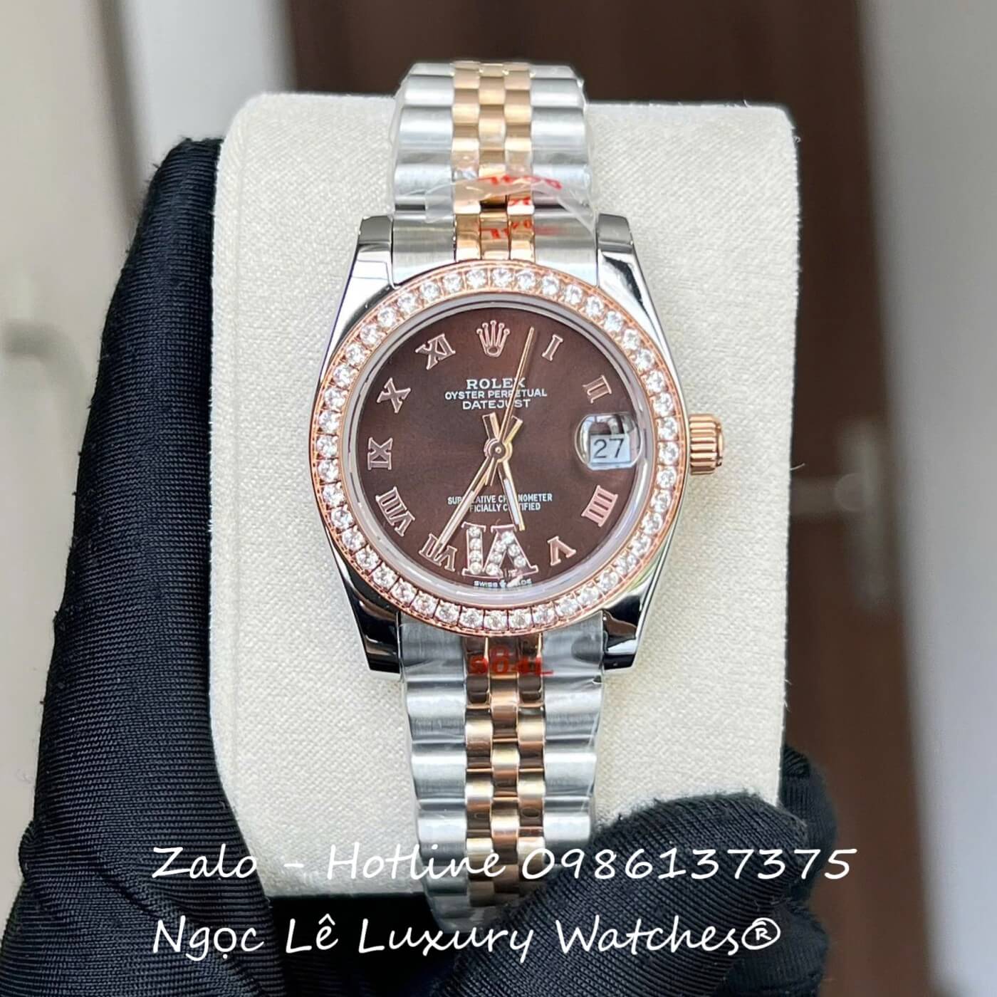 Đồng Hồ Nữ RoLex Datejust Dây Demi Vàng Hồng Mặt Nâu Viền Đá Máy Pin Size 31mm - Số La Mã