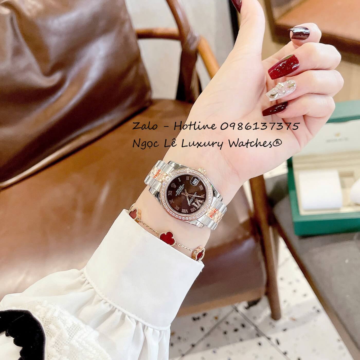 Đồng Hồ Nữ RoLex Datejust Dây Demi Vàng Hồng Mặt Nâu Viền Đá Máy Pin Size 31mm - Số La Mã