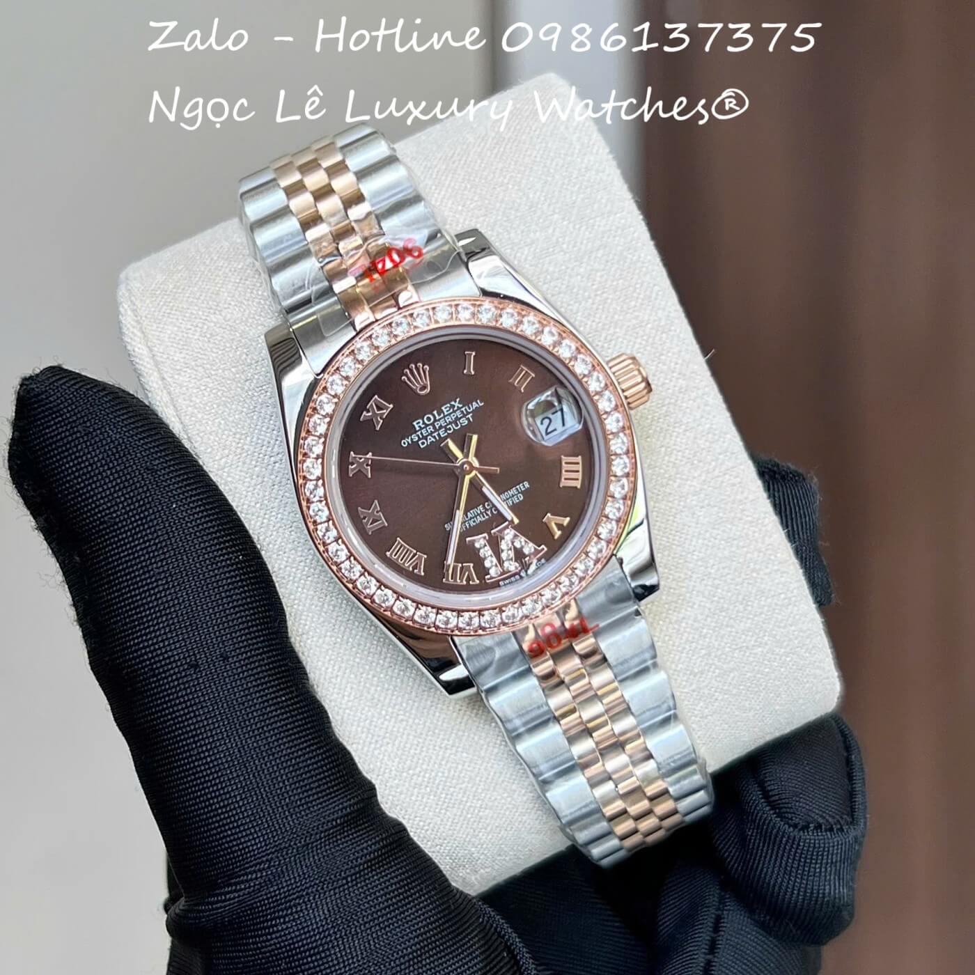 Đồng Hồ Nữ RoLex Datejust Dây Demi Vàng Hồng Mặt Nâu Viền Đá Máy Pin Size 31mm - Số La Mã