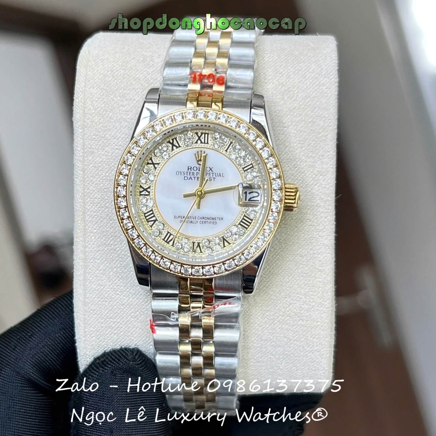 Đồng Hồ Nữ RoLex Datejust Dây Demi Vàng Mặt Viền Đá Máy Pin Size 31mm - Số La Mã