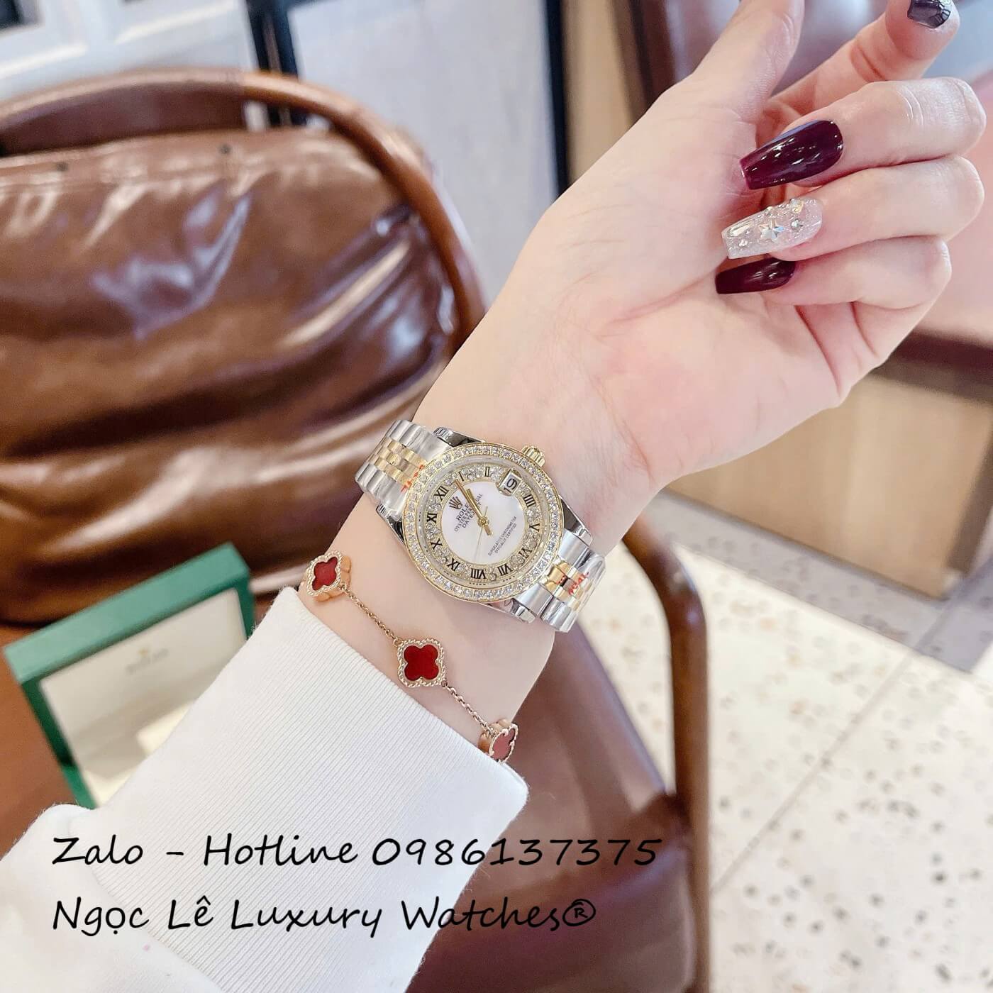 Đồng Hồ Nữ RoLex Datejust Dây Demi Vàng Mặt Viền Đá Máy Pin Size 31mm - Số La Mã