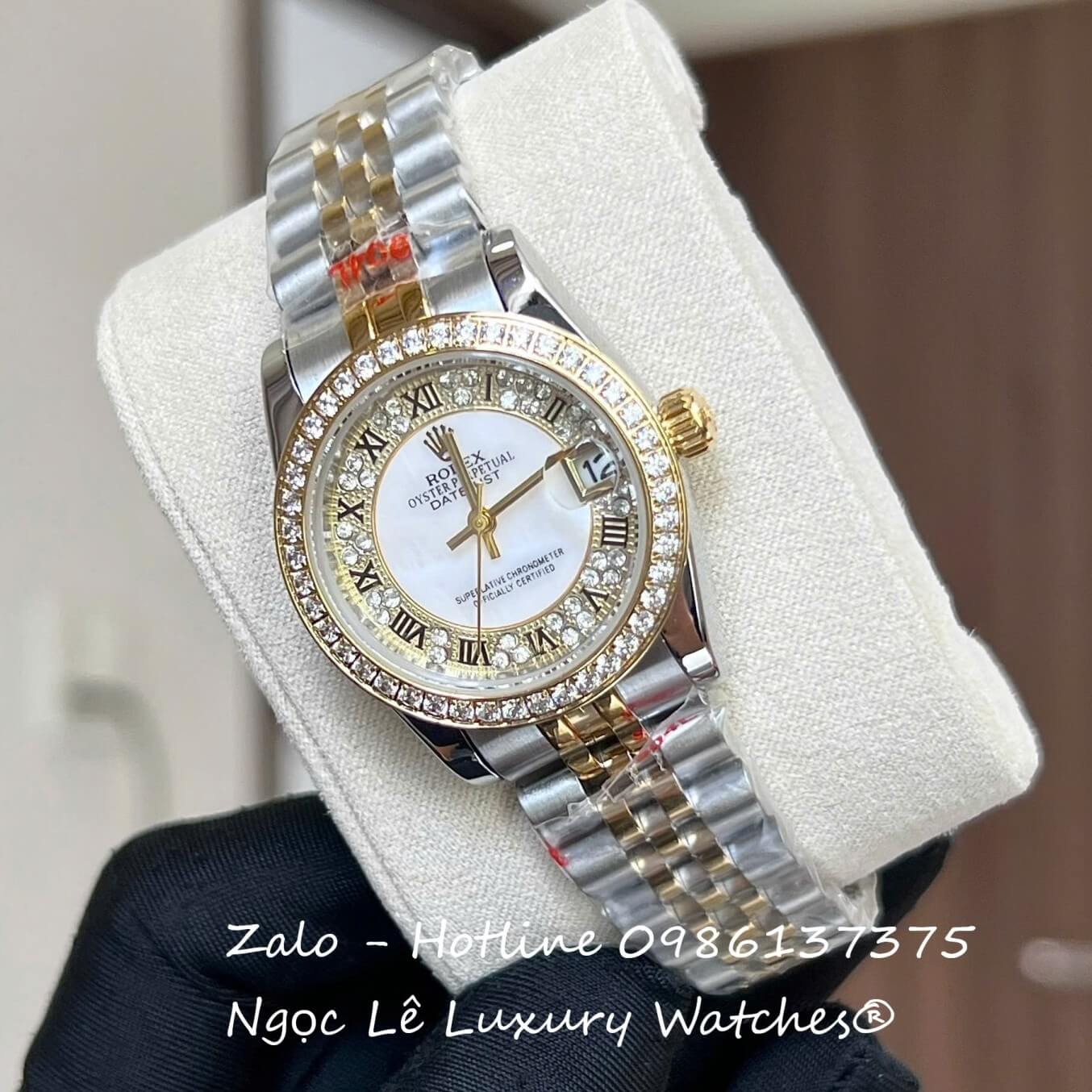 Đồng Hồ Nữ RoLex Datejust Dây Demi Vàng Mặt Viền Đá Máy Pin Size 31mm - Số La Mã