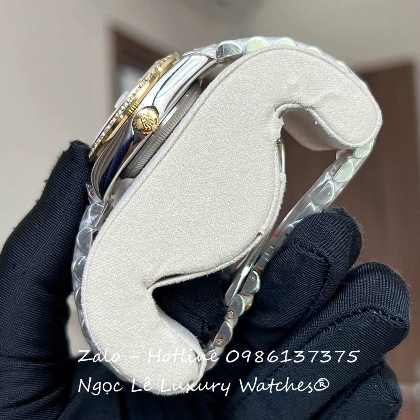 Đồng Hồ Nữ RoLex Datejust Dây Demi Vàng Mặt Viền Đá Máy Pin Size 31mm - Số La Mã