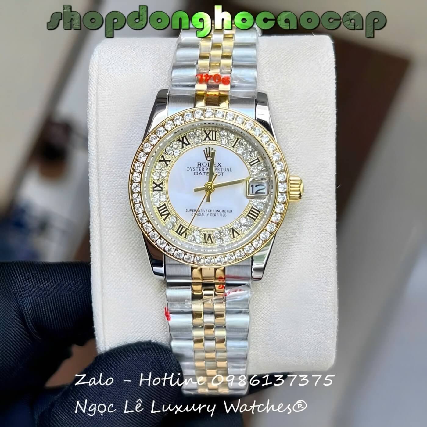 Đồng Hồ Nữ RoLex Datejust Dây Demi Vàng Mặt Viền Đá Máy Pin Size 31mm - Số La Mã
