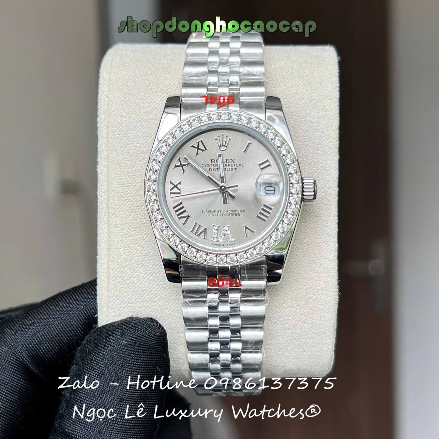 Đồng Hồ Nữ RoLex Datejust Dây Thép Silver Mặt Xám Viền Đá Máy Pin Size 31mm - Số La Mã