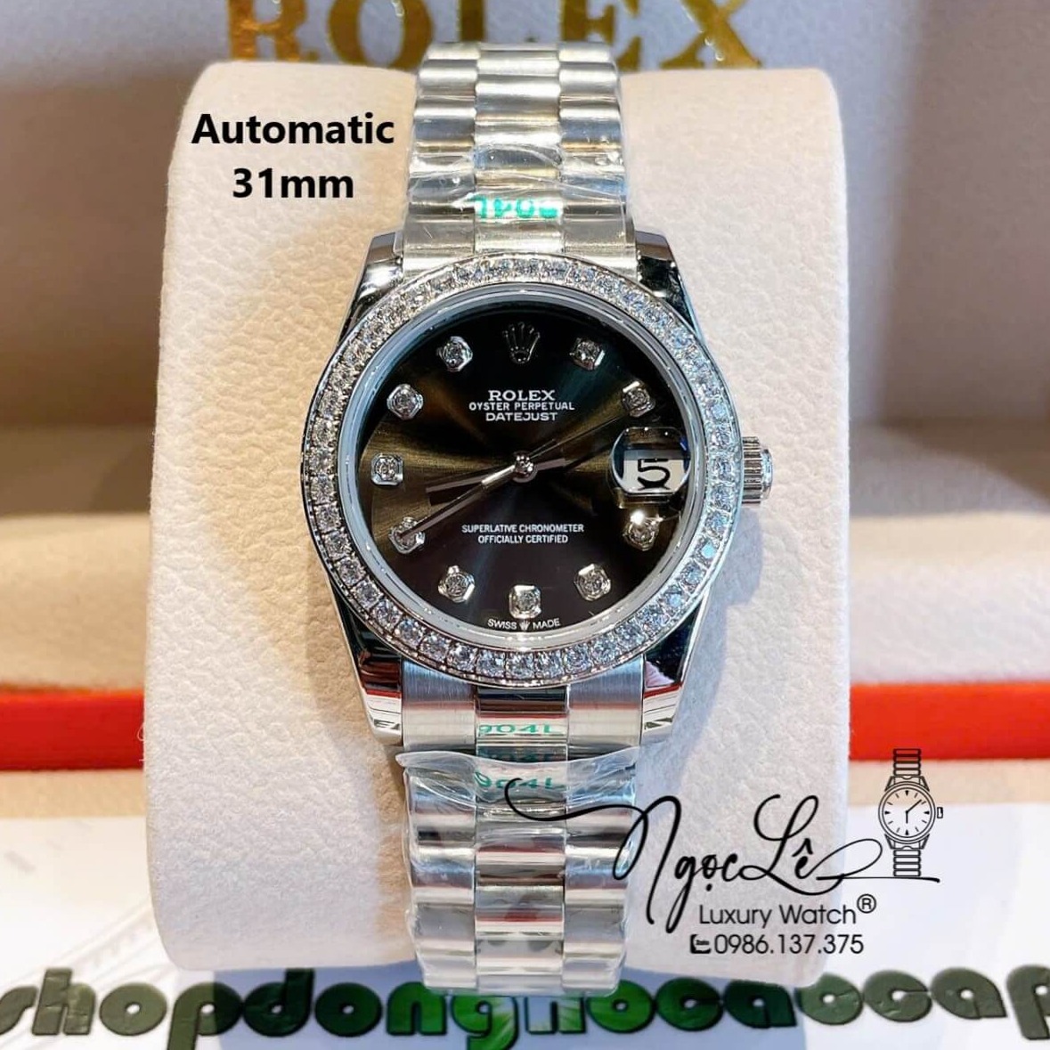 Đồng Hồ Nữ Rolex Datejust Máy Cơ Tự Động Dây Bạc Mặt Đen Đính Đá Size 31mm