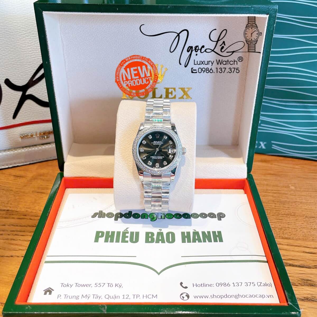 Đồng Hồ Nữ Rolex Datejust Máy Cơ Tự Động Dây Bạc Mặt Đen Đính Đá Size 31mm