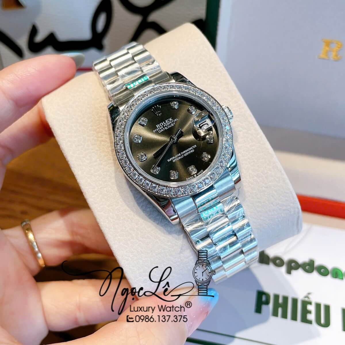 Đồng Hồ Nữ Rolex Datejust Máy Cơ Tự Động Dây Bạc Mặt Đen Đính Đá Size 31mm