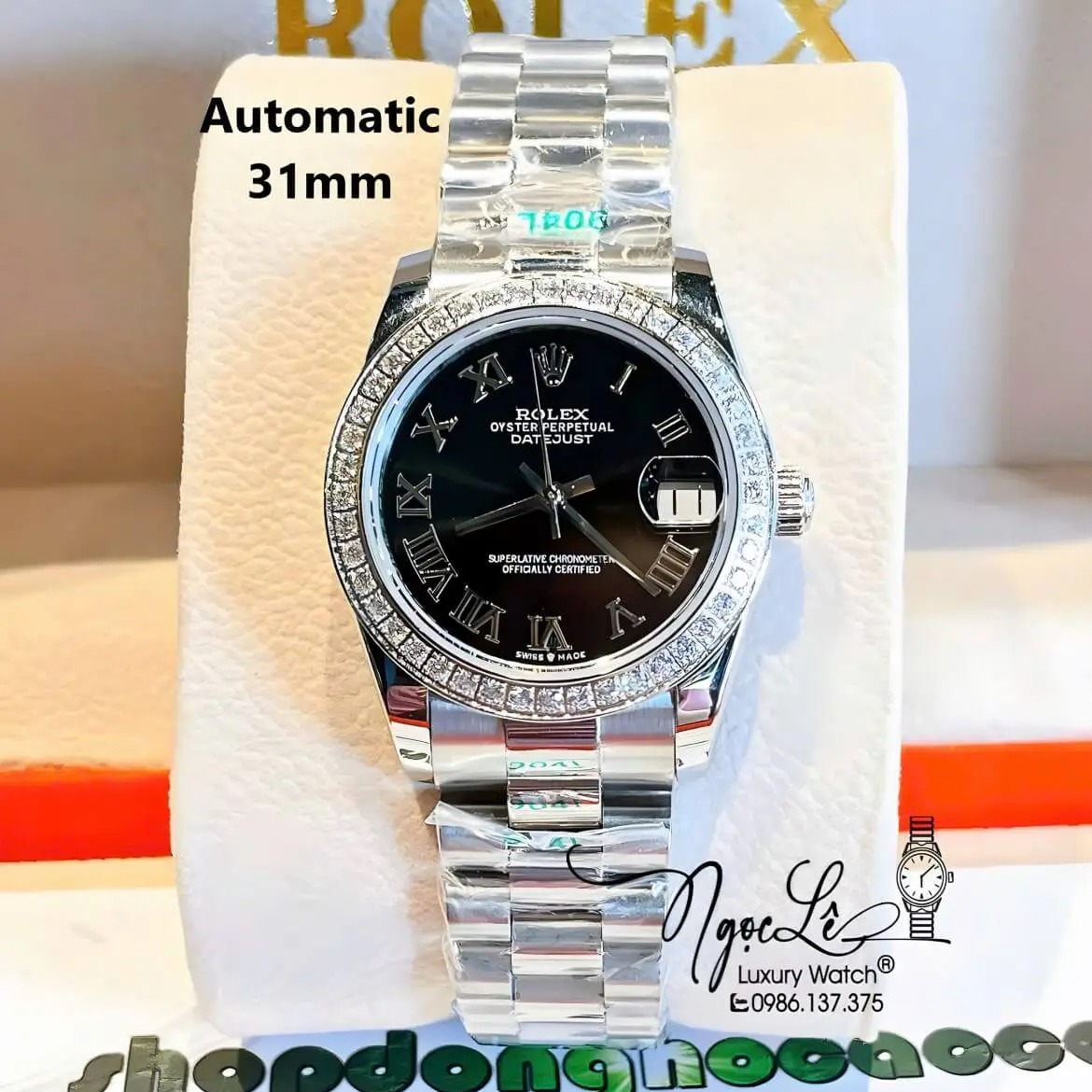 Đồng Hồ Nữ Rolex Datejust Máy Cơ Tự Động Dây Bạc Mặt Đen Đính Đá Size 31mm - Mặt Số La Mã