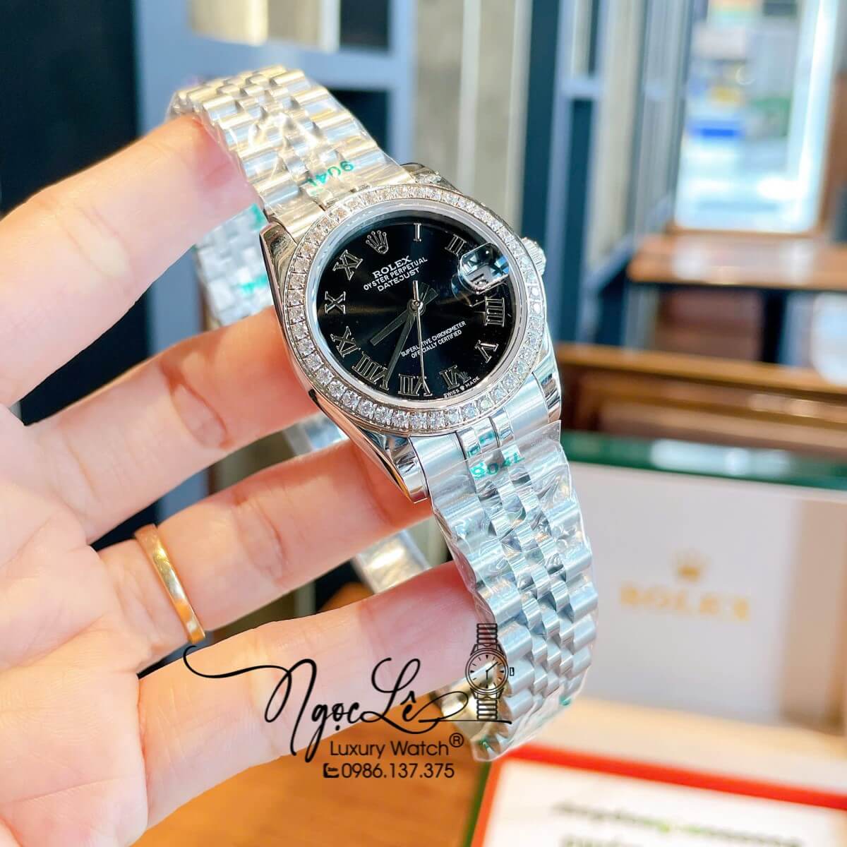 Đồng Hồ Nữ Rolex Datejust Máy Cơ Tự Động Dây Bạc Mặt Đen Đính Đá Size 31mm - Mặt Số La Mã