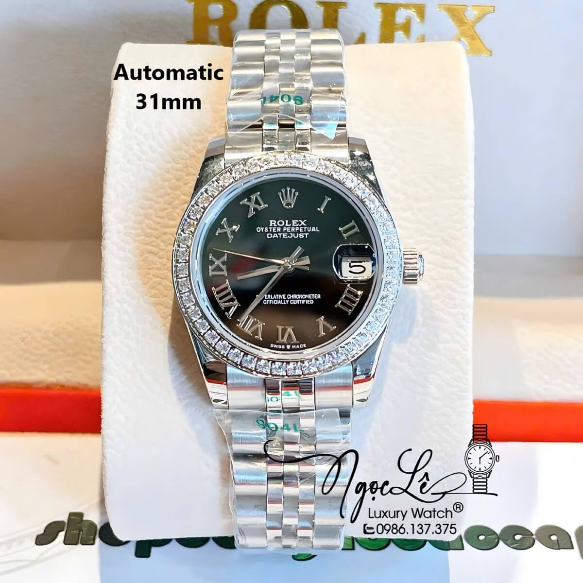 Đồng Hồ Nữ Rolex Datejust Máy Cơ Tự Động Dây Bạc Mặt Đen Đính Đá Size 31mm - Mặt Số La Mã