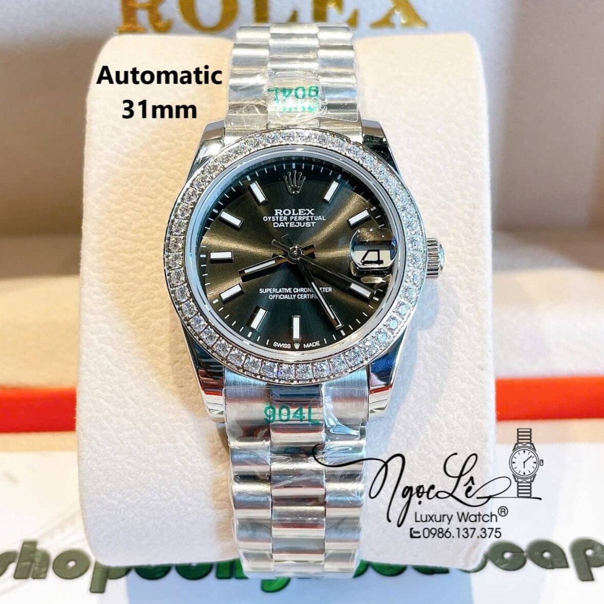 Đồng Hồ Nữ Rolex Datejust Máy Cơ Tự Động Dây Bạc Mặt Đen Đính Đá Size 31mm Phản Quang