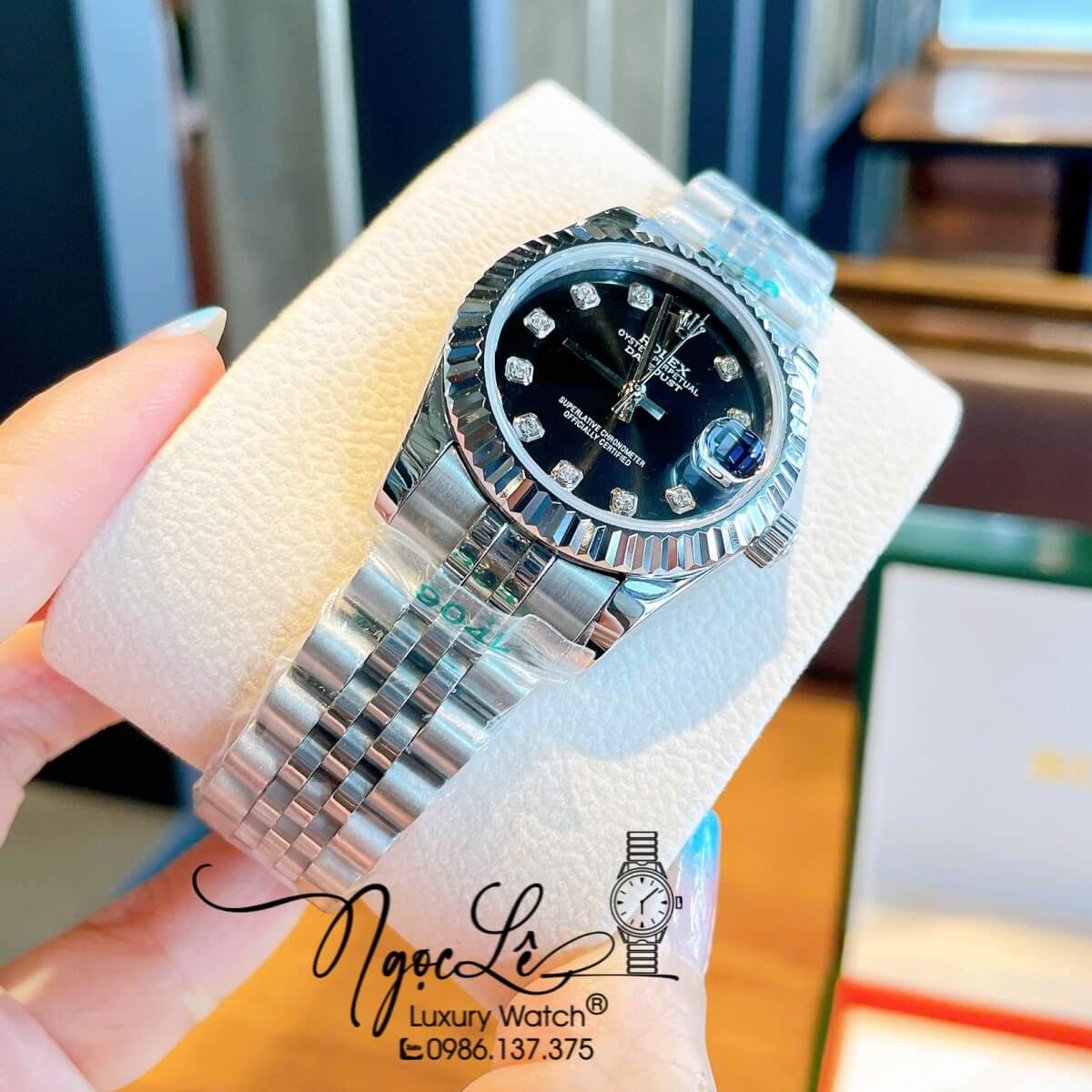 Đồng Hồ Nữ Rolex Datejust Máy Cơ Tự Động Dây Bạc Mặt Đen Niềng Khía Size 31mm