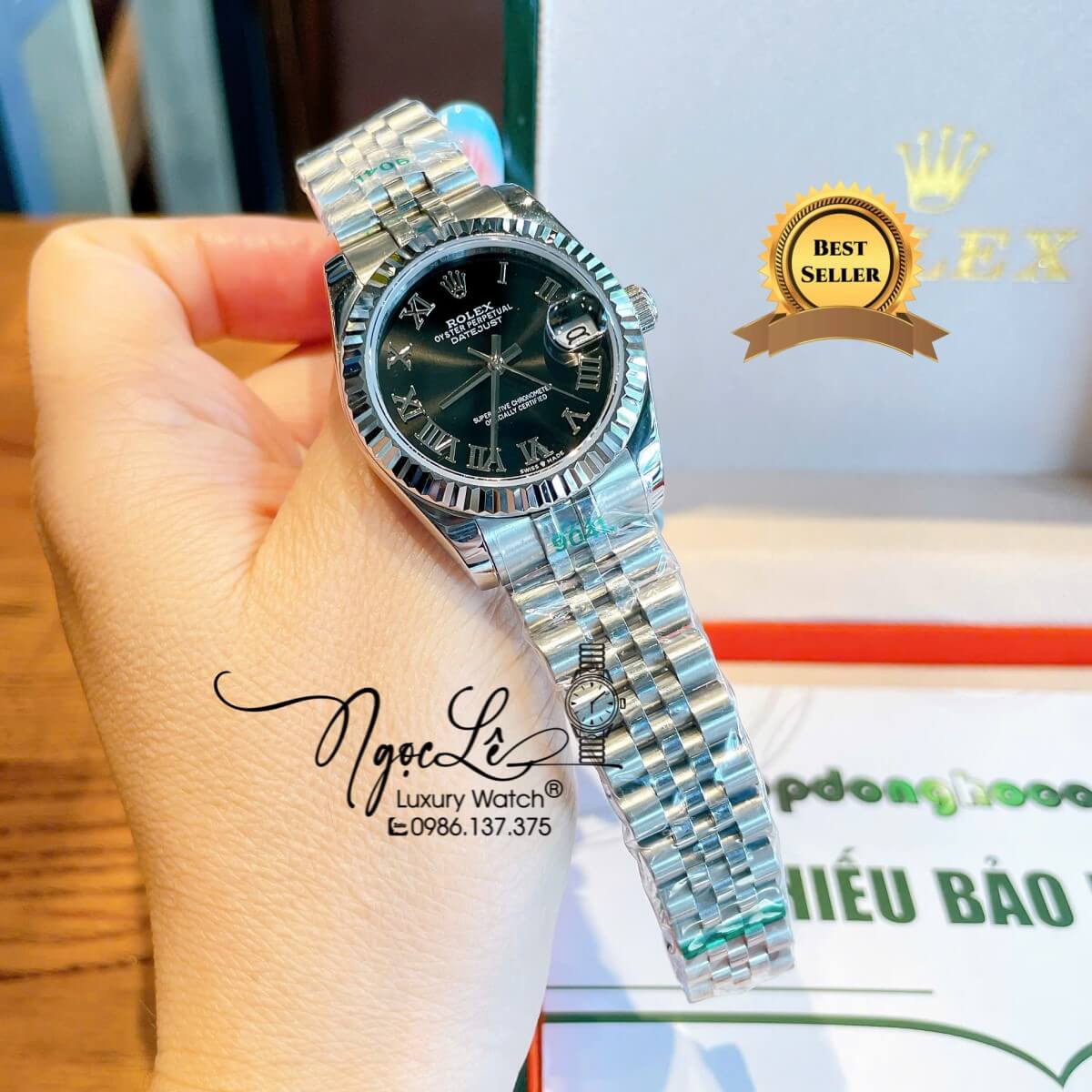 Đồng Hồ Nữ Rolex Datejust Máy Cơ Tự Động Dây Bạc Mặt Đen Niềng Khía Size 31mm - Mặt Số La Mã
