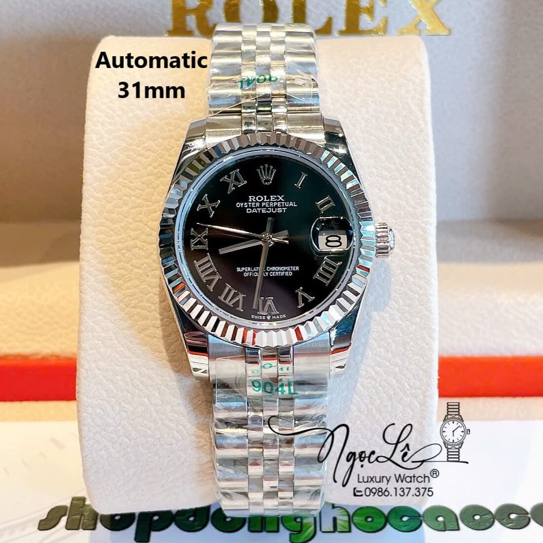 Đồng Hồ Nữ Rolex Datejust Máy Cơ Tự Động Dây Bạc Mặt Đen Niềng Khía Size 31mm - Mặt Số La Mã