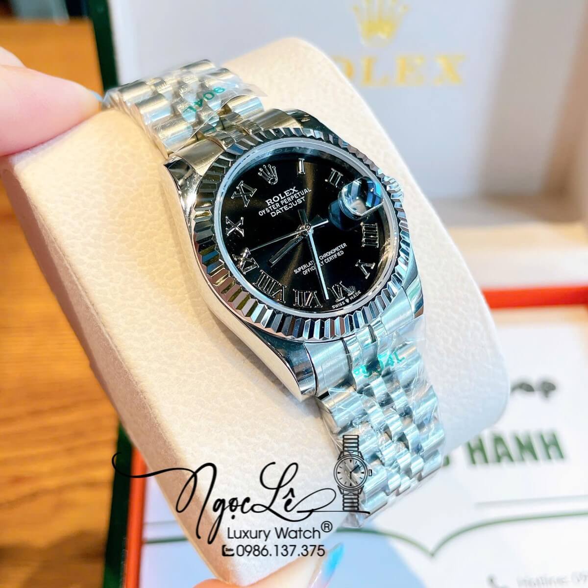 Đồng Hồ Nữ Rolex Datejust Máy Cơ Tự Động Dây Bạc Mặt Đen Niềng Khía Size 31mm - Mặt Số La Mã