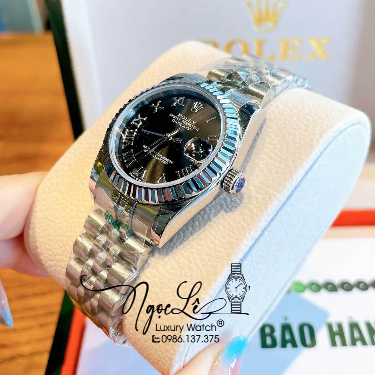 Đồng Hồ Nữ Rolex Datejust Máy Cơ Tự Động Dây Bạc Mặt Đen Niềng Khía Size 31mm - Mặt Số La Mã