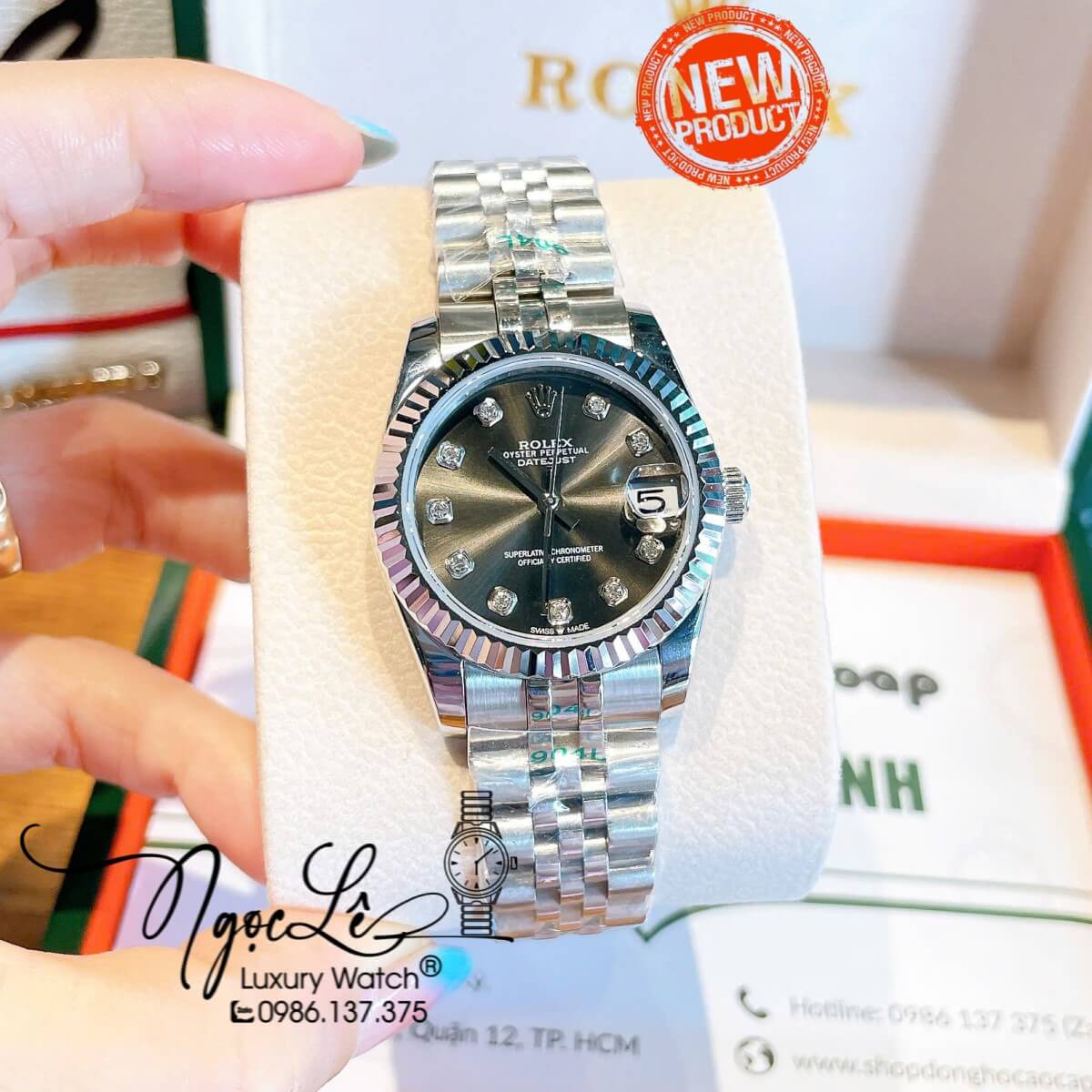 Đồng Hồ Nữ Rolex Datejust Máy Cơ Tự Động Dây Bạc Mặt Đen Xám Niềng Khía Size 31mm