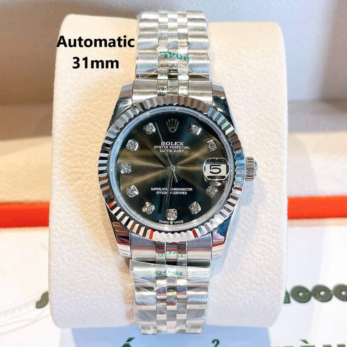 Đồng Hồ Nữ Rolex Datejust Máy Cơ Tự Động Dây Bạc Mặt Đen Xám Niềng Khía Size 31mm