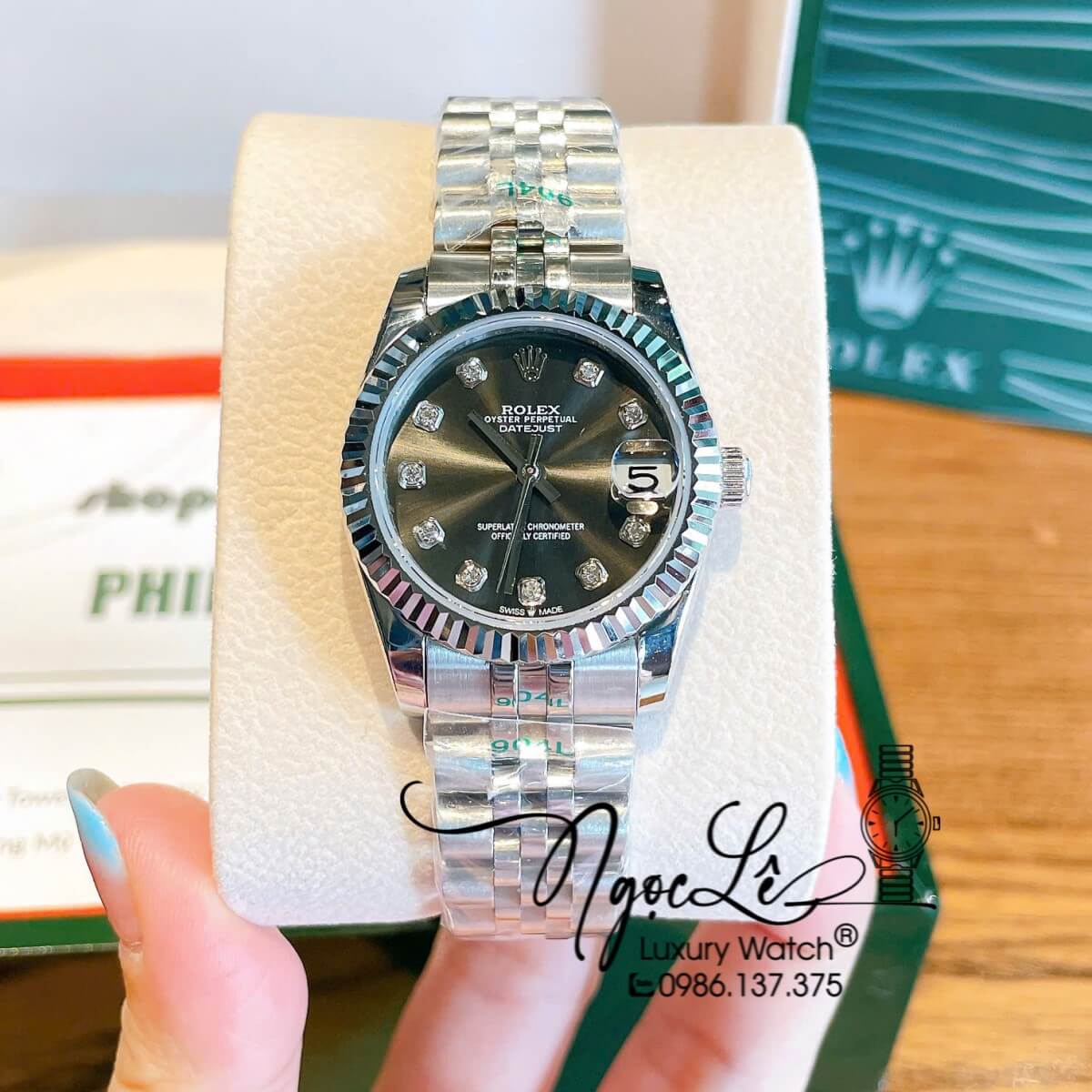 Đồng Hồ Nữ Rolex Datejust Máy Cơ Tự Động Dây Bạc Mặt Đen Xám Niềng Khía Size 31mm