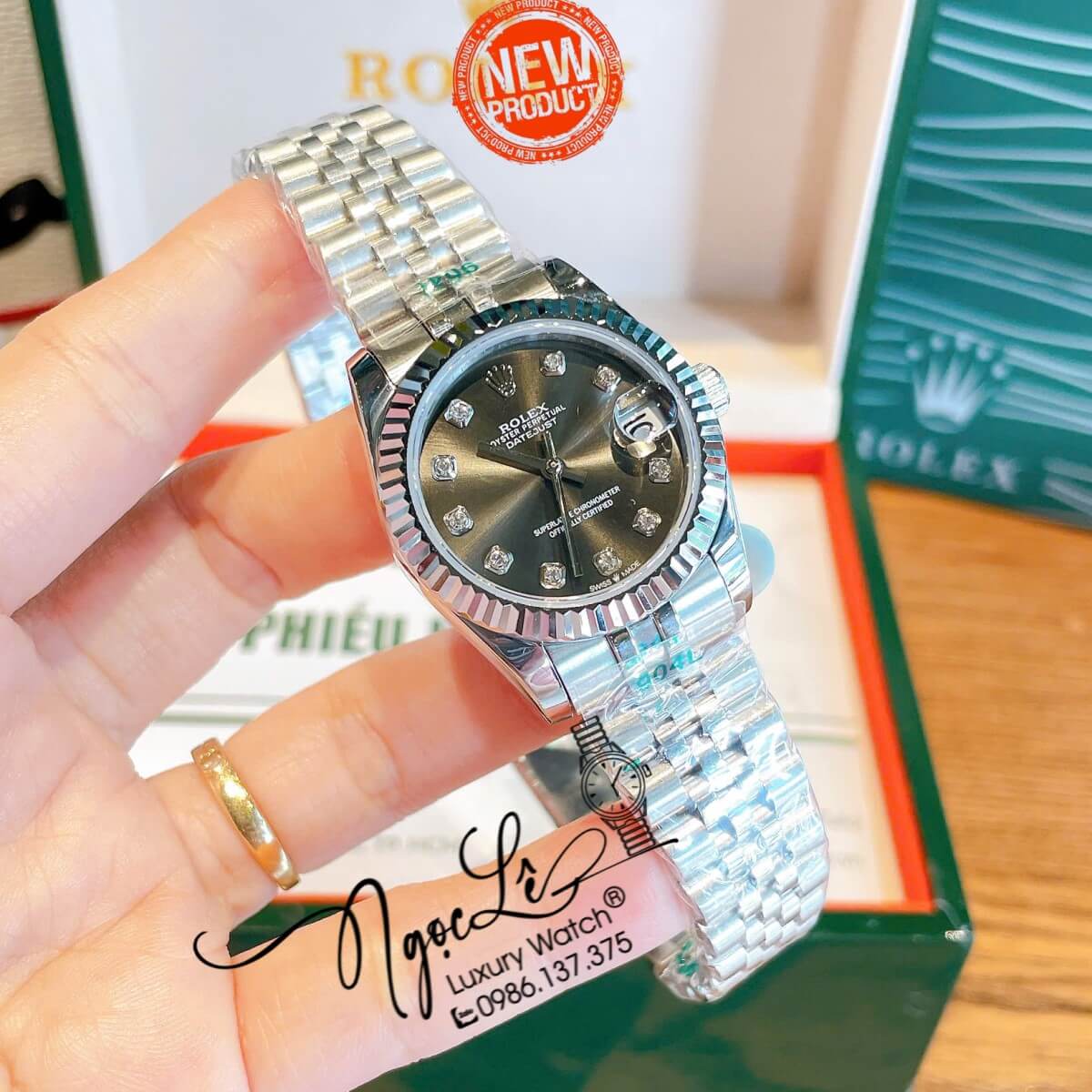 Đồng Hồ Nữ Rolex Datejust Máy Cơ Tự Động Dây Bạc Mặt Đen Xám Niềng Khía Size 31mm