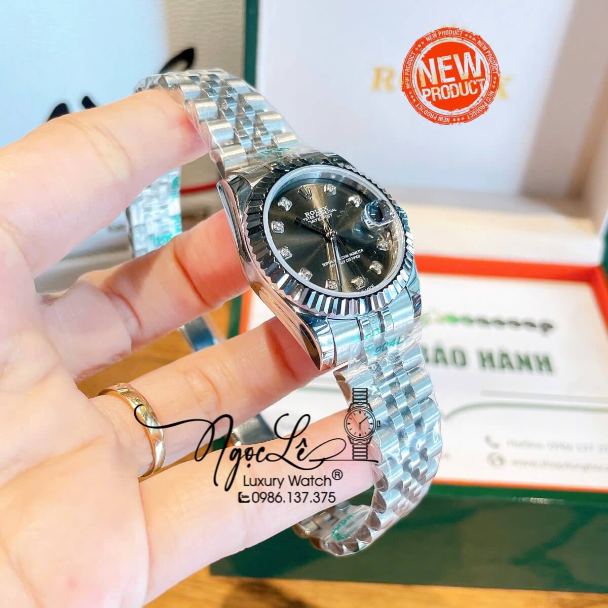 Đồng Hồ Nữ Rolex Datejust Máy Cơ Tự Động Dây Bạc Mặt Đen Xám Niềng Khía Size 31mm