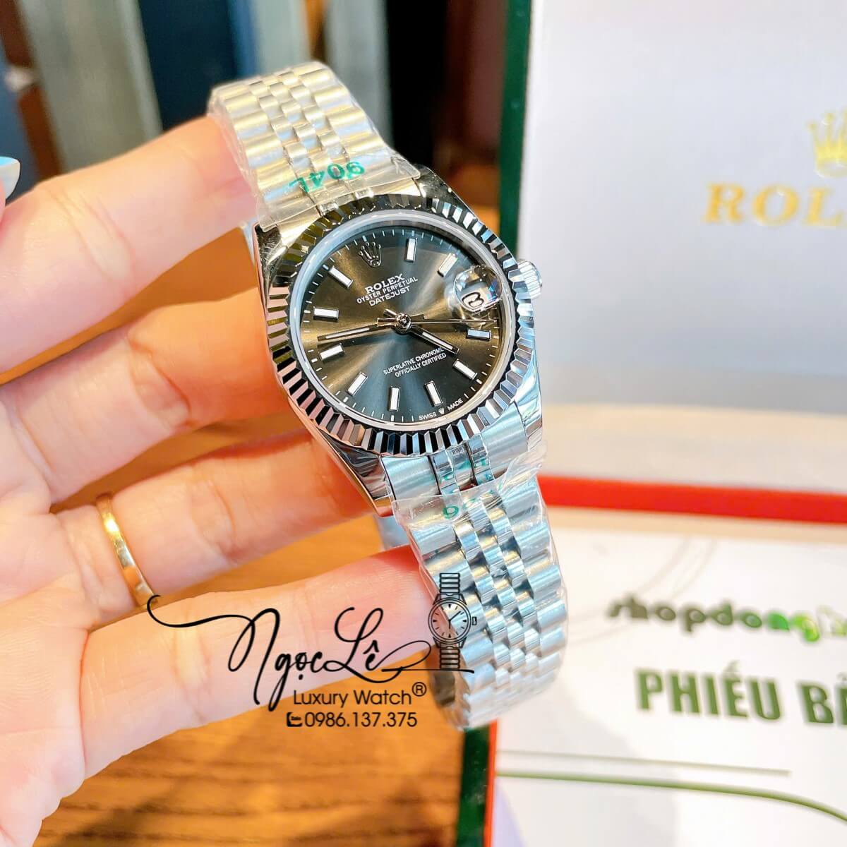 Đồng Hồ Nữ Rolex Datejust Máy Cơ Tự Động Dây Bạc Mặt Đen Xám Niềng Khía Size 31mm - Mặt Đính Vạch Phản Quang