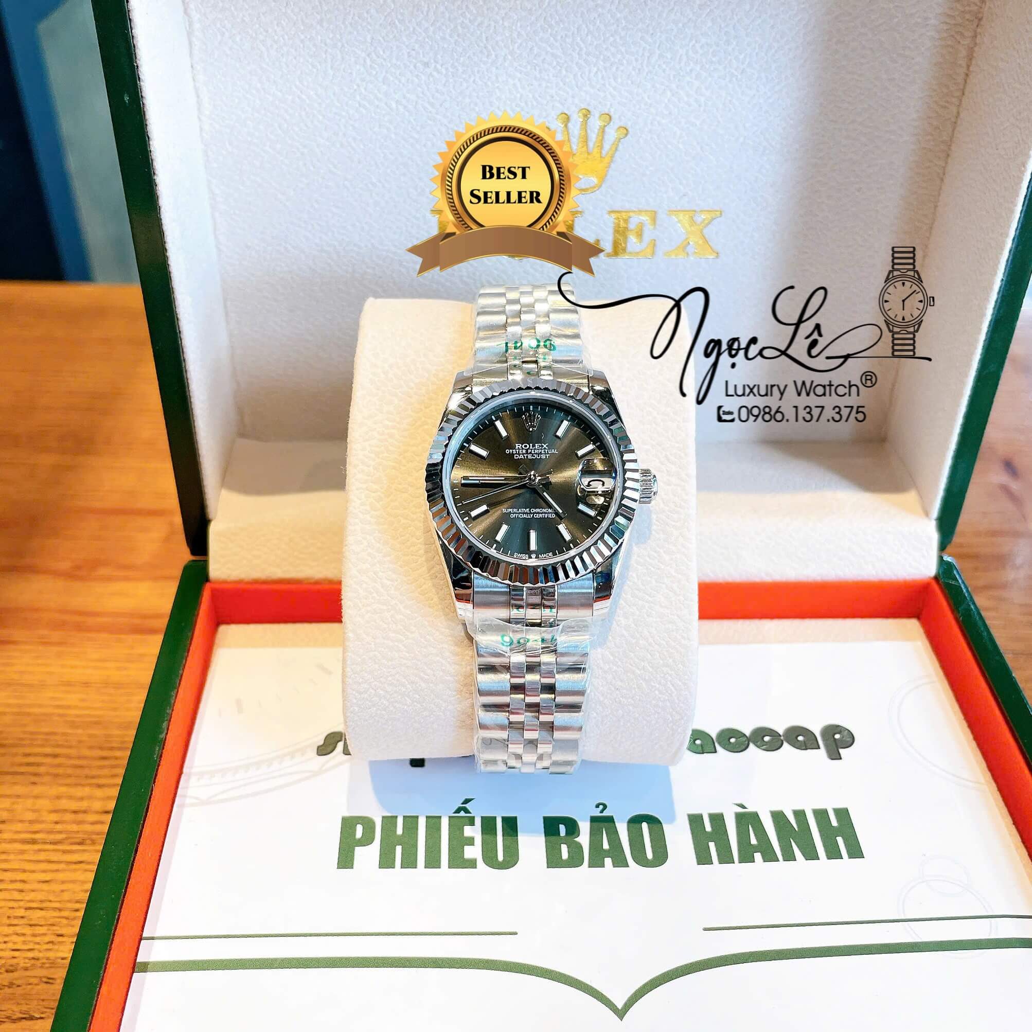 Đồng Hồ Nữ Rolex Datejust Máy Cơ Tự Động Dây Bạc Mặt Đen Xám Niềng Khía Size 31mm - Mặt Đính Vạch Phản Quang